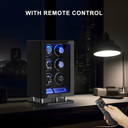 DUKWIN Watch Winder for 6 Automatic Watches, Fingerprint Lock Watch Winders with LCD Touchscreen, Blue LED Light, Remote Control,Adjustable Pillow and Quiet Motor for Universal Watches, 5TPD