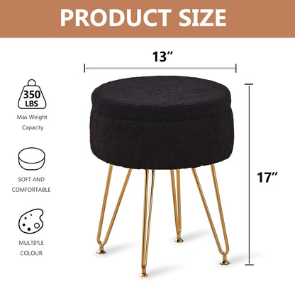 Wimarsbon Storage Ottoman,Teddy Velvet Vanity Stool,Soft Padded Seat,Round Footrest with Removable Cover and Adjustable