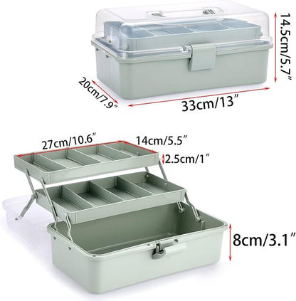 BTSKY Craft Organizer - 3-Layer Plastic Storage Box with Adjustable Spacers | Portable Haze Green Art Supply Box