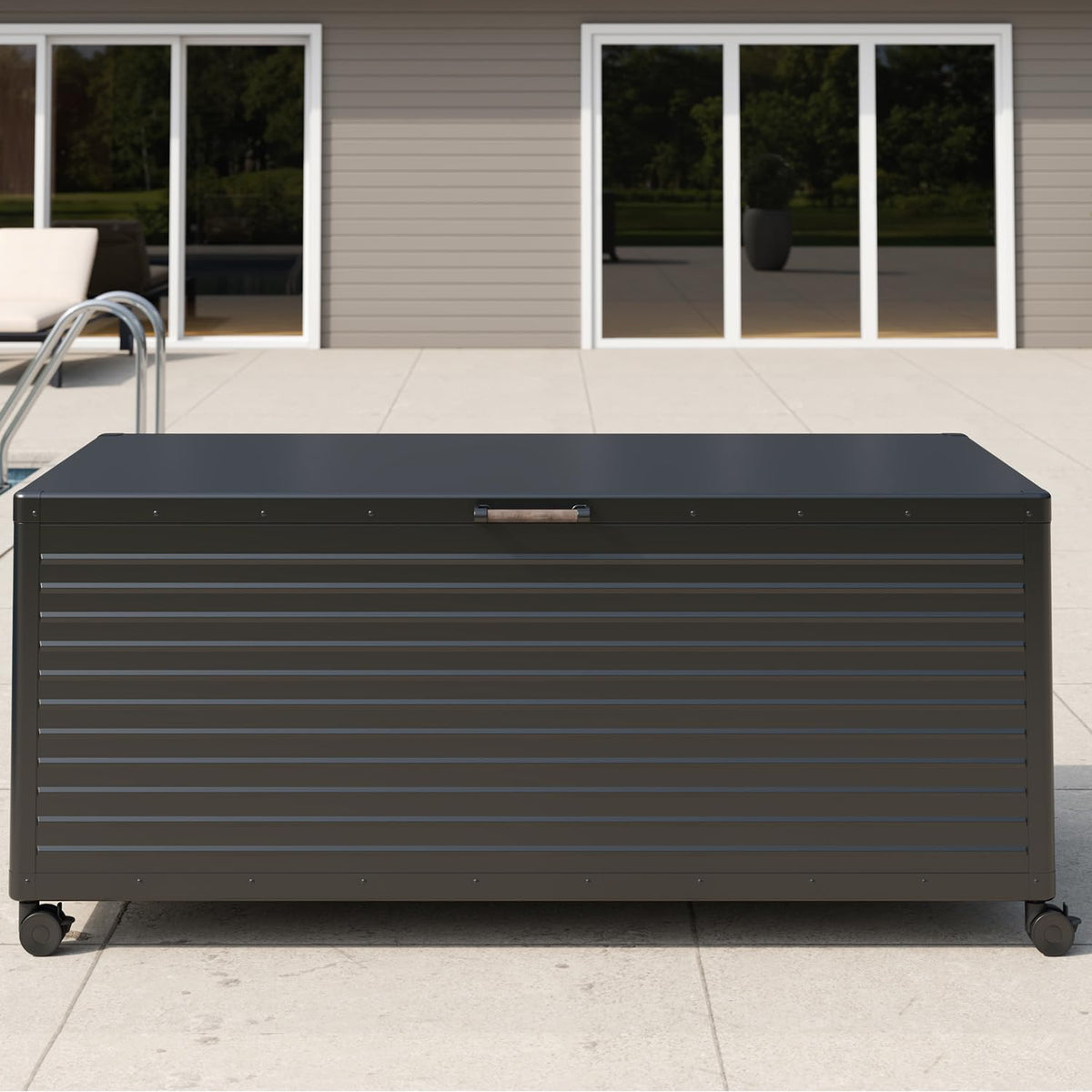 MIRADOR 281 Gallon Outdoor Storage Box with Wheels & Soft-Close Lid, Waterproof Metal Deck Box for Patio Cushions, Garden Tools & Pool Accessories, Charcoal