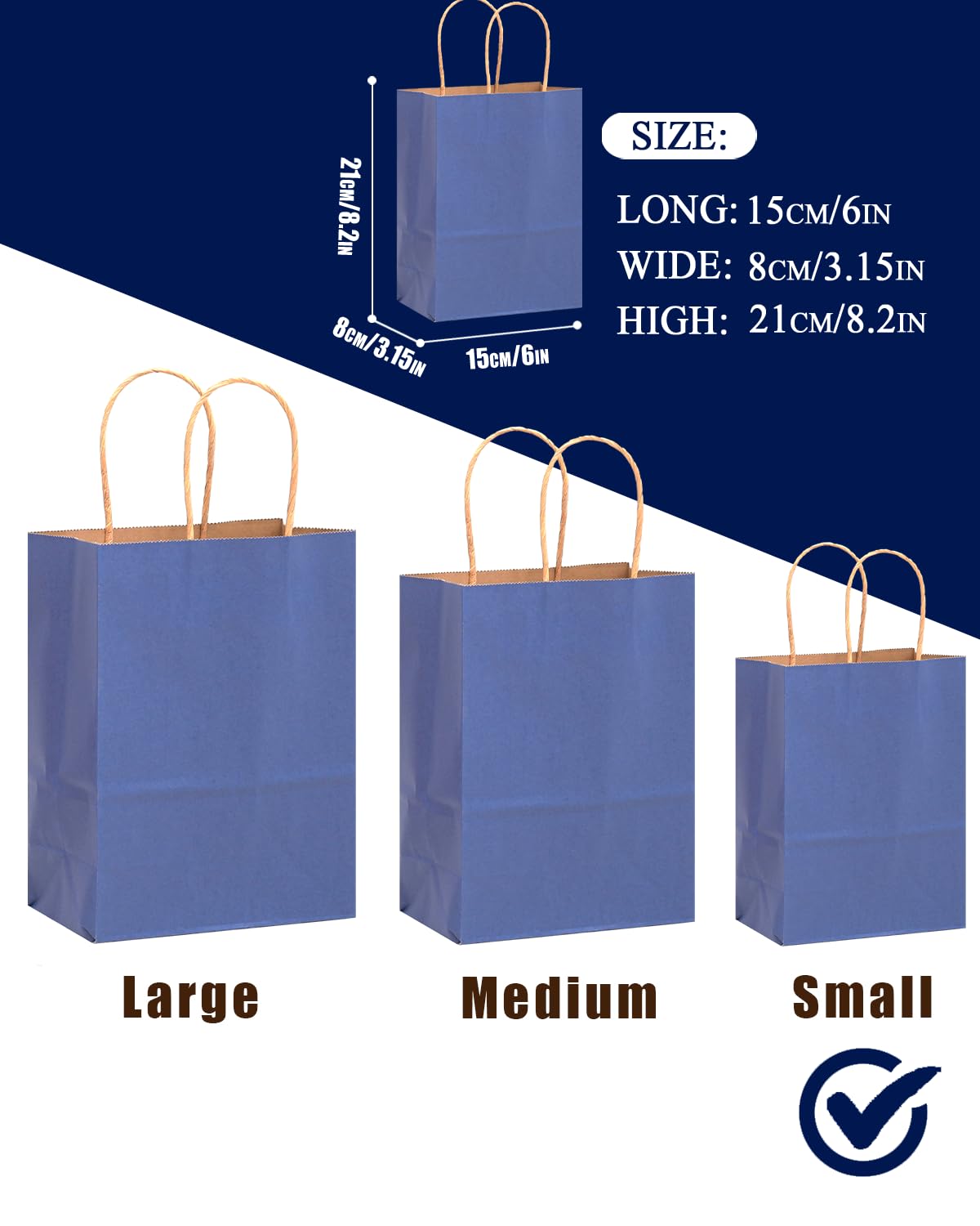 qiqee 50-Packs Gift Bag with Handles Bulk Kraft Deep Blue Paper Bags Multiple Uses (8.3"x3"x6"inch Small Size)