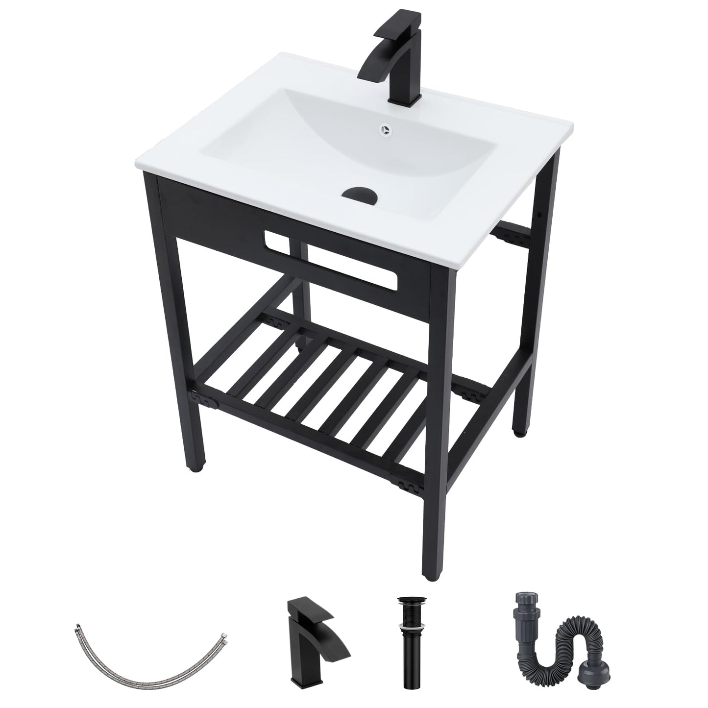 Ceramic Console Sink- Kichae 24"x 18" inch Bathroom Console Sink Drop In Bathroom Sink Holder with Stainless Pedestal Ledge Vessel Sink Art Basin