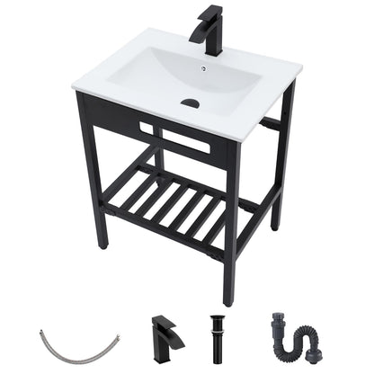 Ceramic Console Sink- Kichae 24"x 18" inch Bathroom Console Sink Drop In Bathroom Sink Holder with Stainless Pedestal Ledge Vessel Sink Art Basin