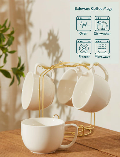 Teocera 16oz Large Coffee Mugs Set of 4 - Thick White Porcelain Cups for Cappuccino, Latte, Tea & Hot Chocolate - Dishwasher Safe Ceramic with Comfort Grip Handles