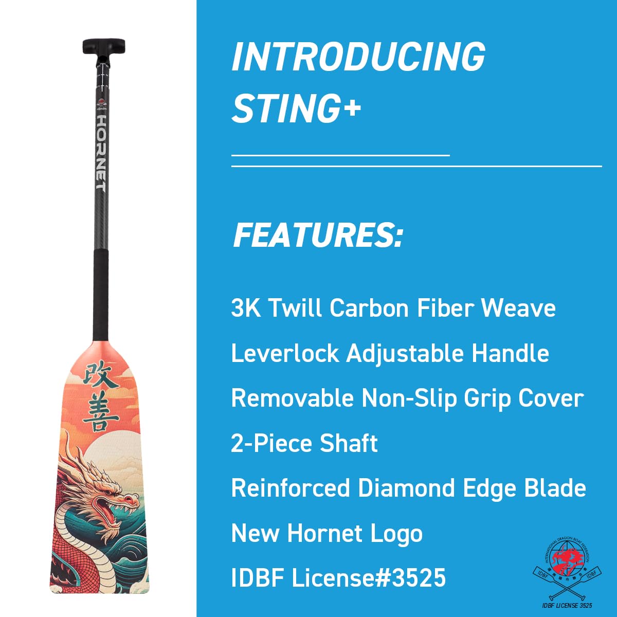 Hornet Watersports Dragon Boat Paddle - Kaizen II Design - Adjustable Carbon Fiber Dragon Boat Paddle - IDBF Approved (Leverlock Adjustable)