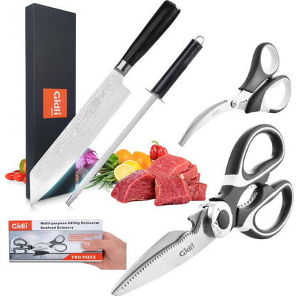 Gidli Chef Knife and Kitchen Shears Set – Ultra Sharp 8” Chef Knife with Knife Sharpener + Heavy Duty Kitchen Scissors & Seafood Scissors – Premium Stainless Steel Cooking Set – Gift Ready