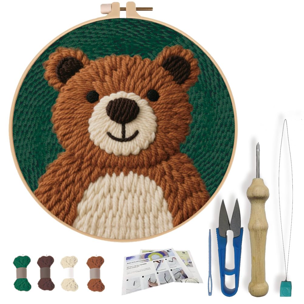 FREEBLOSS DIY Punch Needle Kits for Beginners Cartoon Bear Punch Needle Starter Craft Set with Hoop and Instruction Embroidery Set for Adults Festival Gift and Decoration 7.9''/20cm