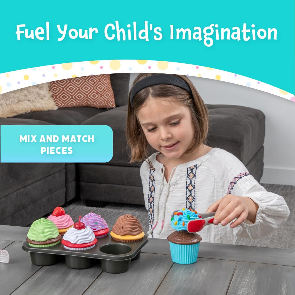 Popular Playthings Magnetic Bake & Play Cupcakes Toy Set, Pretend Cupcake Kitchen Kit for Kids, Gifts for Toddler Girls - 20 Pieces