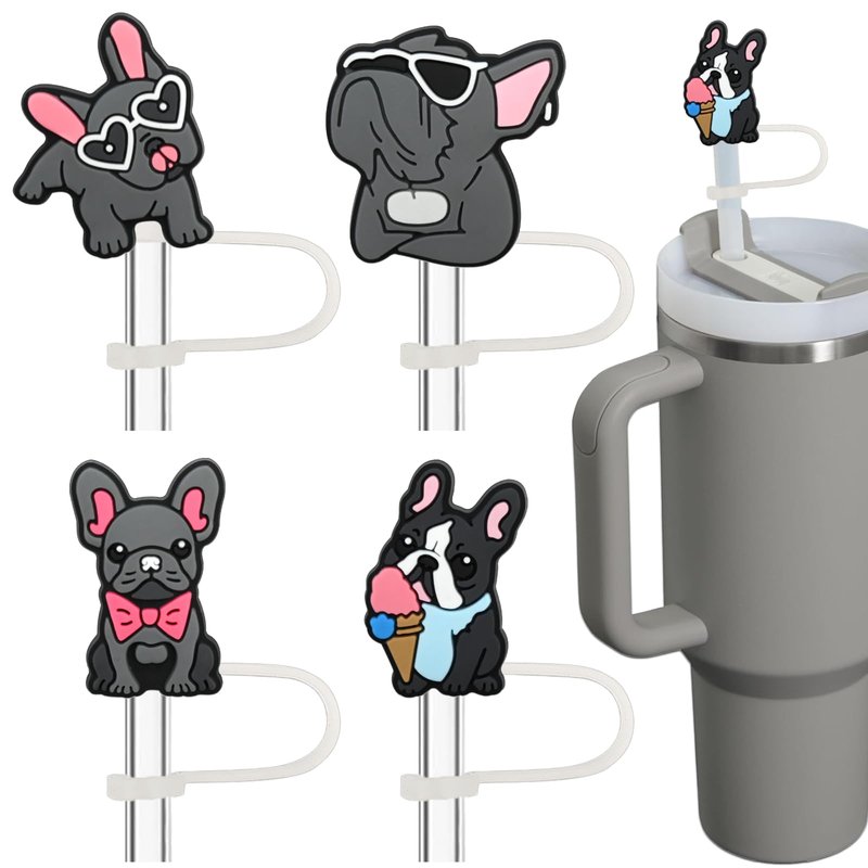 Amreich French Bulldog Straw Toppers - 4 Pack Silicone Straw Covers for 10mm/0.4inch Straws, Dog Lovers Birthday Christmas Holiday Gifts, Cute Stanley Tumbler Accessories