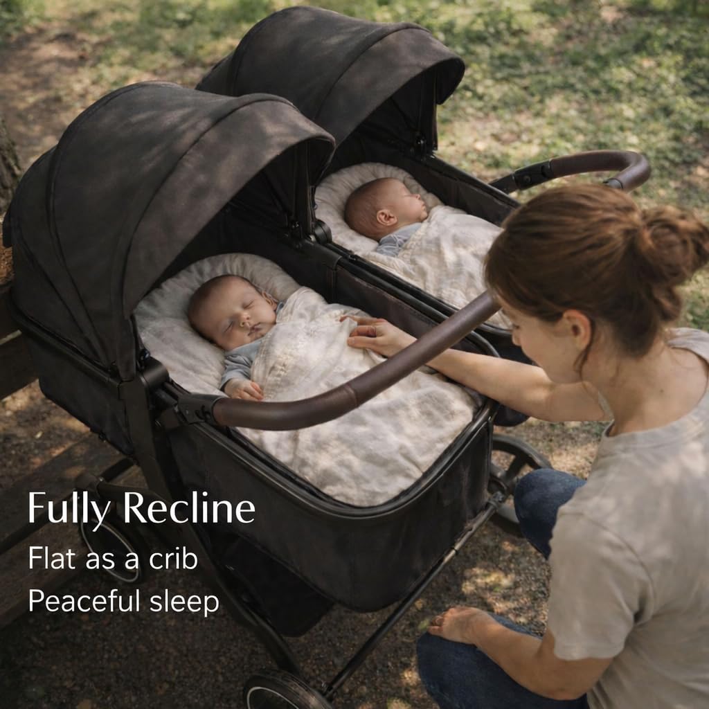 TALENBEEN Double Stroller for Infant and Toddler, Lightweight Side by Side Twin Baby Stroller, 26.8" Slim Design Fits Doors, Compact Foldable Travel Stroller, Independent Recline, Black