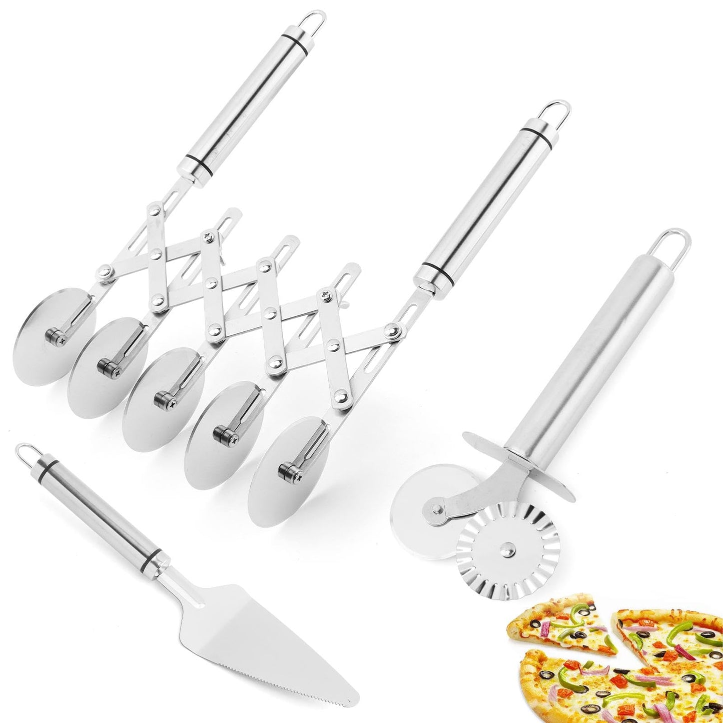 5 Wheel Pastry Cutter, Expandable Stainless Steel Dough Cutter Wheel with Handle, Baking Roller Cookie Dough Divider, Multi-Round Pastry Knife, Pizza Cutter Roller and Pie Server