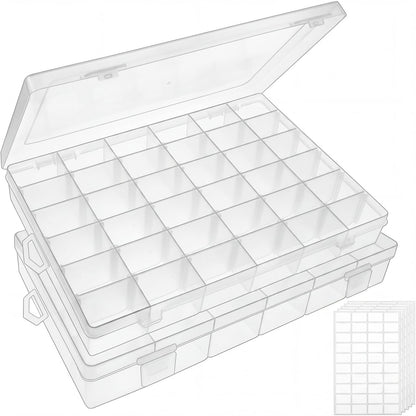 OUTUXED 2 Pack 36 Grids Clear Plastic Bead Organizer Box, Fishing Tackle Box Compartment Organizer with Adjustable Dividers for Jewelry, Art Craft, Bead Storage Containers with 5 Sheets Label Stickers