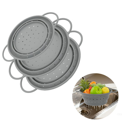 CEYAZYE 3 Pack Collapsible Colander Set, 11&13 Silicone Strainer for Kitchen, Space-Saving Heat-Resistant Fast Draining Basket with Non-Slip Base & Handles, Food Strainer for Pasta, Fruit, Vegetables