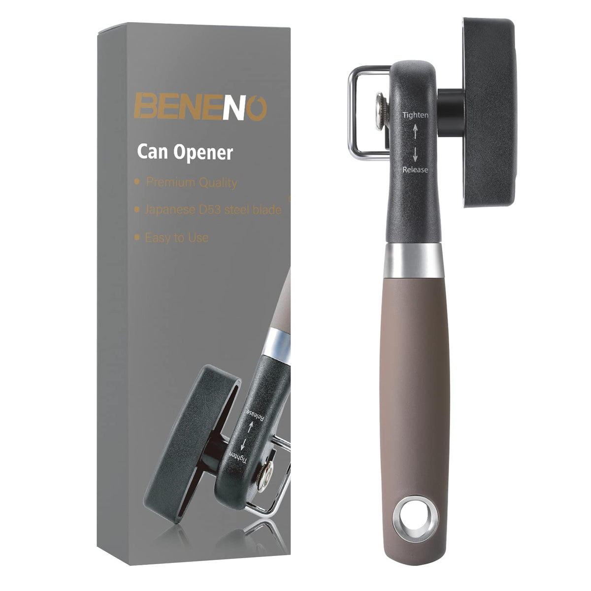 Beneno Can Opener, Manual Side Safe Cut Can Opener Smooth Edge with Durable Sharp Blade, Effort-Saving Knob & Comfortable Non-slip Handle, Brown