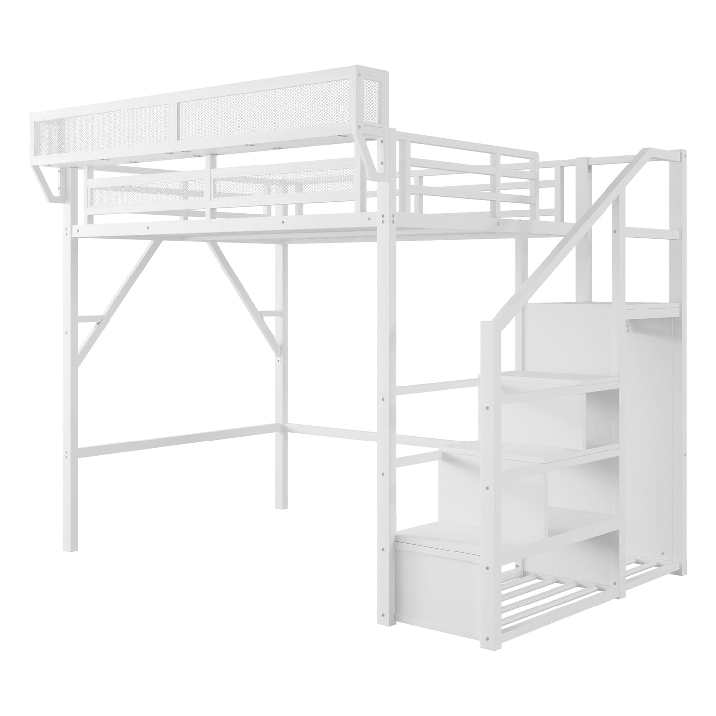 DNYN Queen Size Loft Bed with Desk & Storage Shelves & Wardrobe & Staircase Design for Kids/Adults Bedroom,Sturdy Metal High Bedframe w/Led & USB Port,Super Save Space & No Box Spring Needed, White