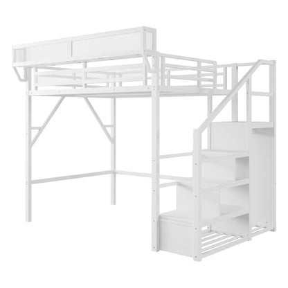 DNYN Queen Size Loft Bed with Desk & Storage Shelves & Wardrobe & Staircase Design for Kids/Adults Bedroom,Sturdy Metal High Bedframe w/Led & USB Port,Super Save Space & No Box Spring Needed, White