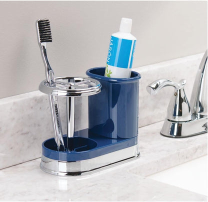 mDesign Decorative Bathroom Dental Storage Organizer for Electric Spin Toothbrush/Toothpaste - Navy Blue/Chrome