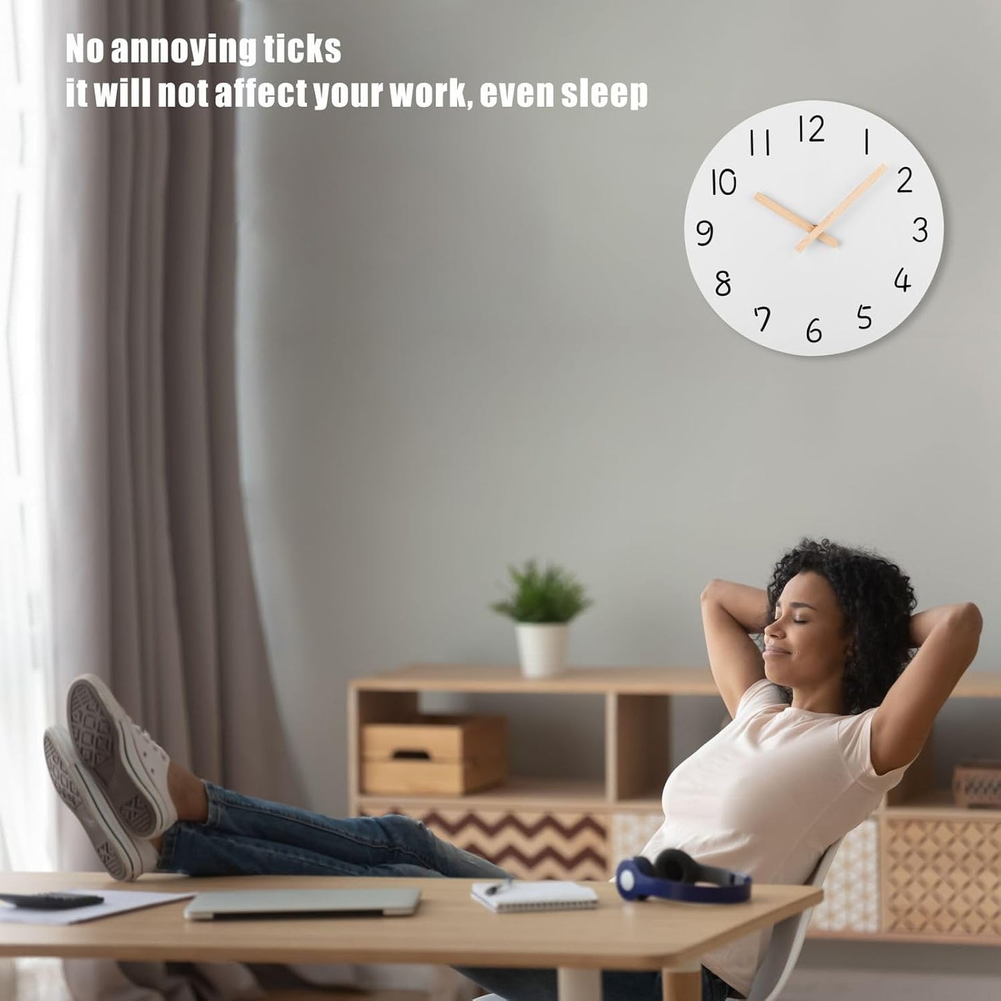 Plumeet 10'' Wooden Wall Clock (White) Small Frameless Clocks with Silent Quartz Movement, Battery Operated