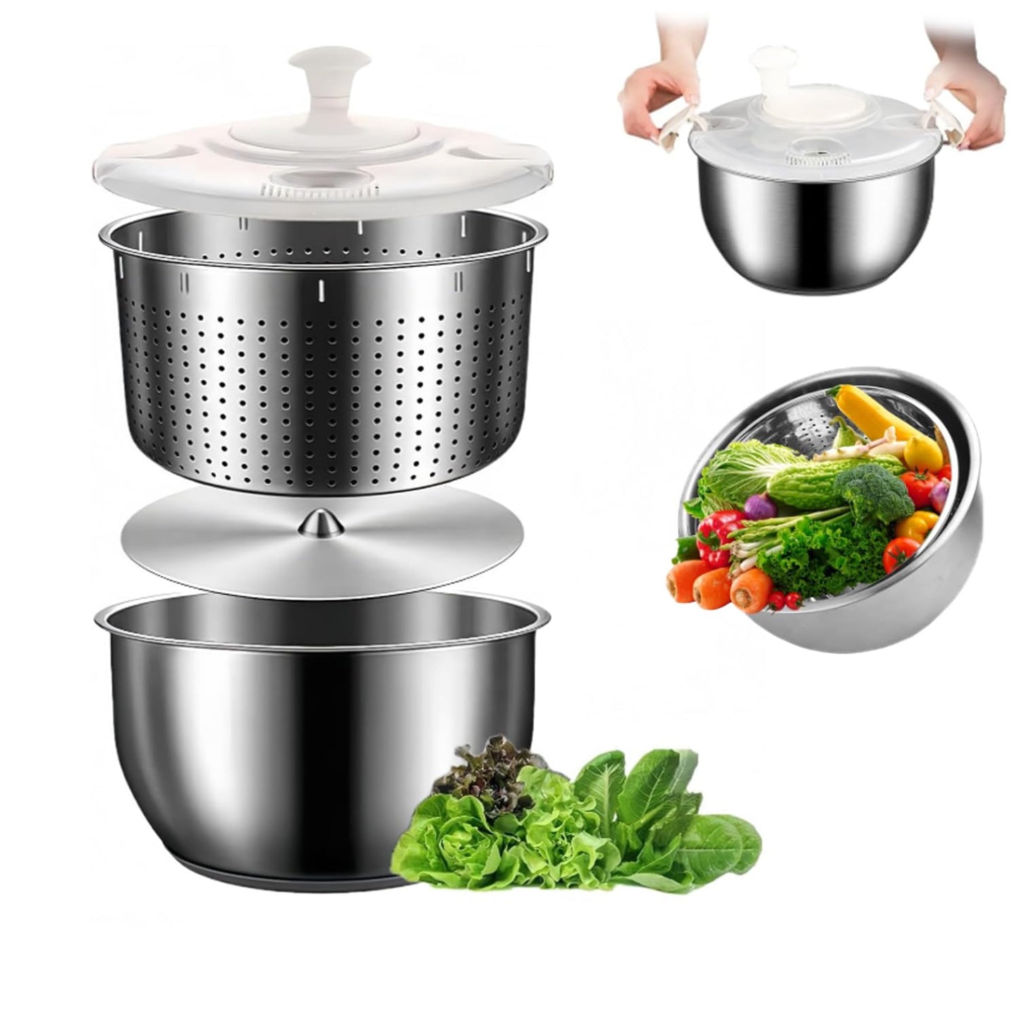 DuZhiLixon 6L-Stainless Steel Salad Rotator, Non-Slip Base, Vegetable Dishwasher, Multi-Use Lettuce Spinner, Kitchen Strainers.