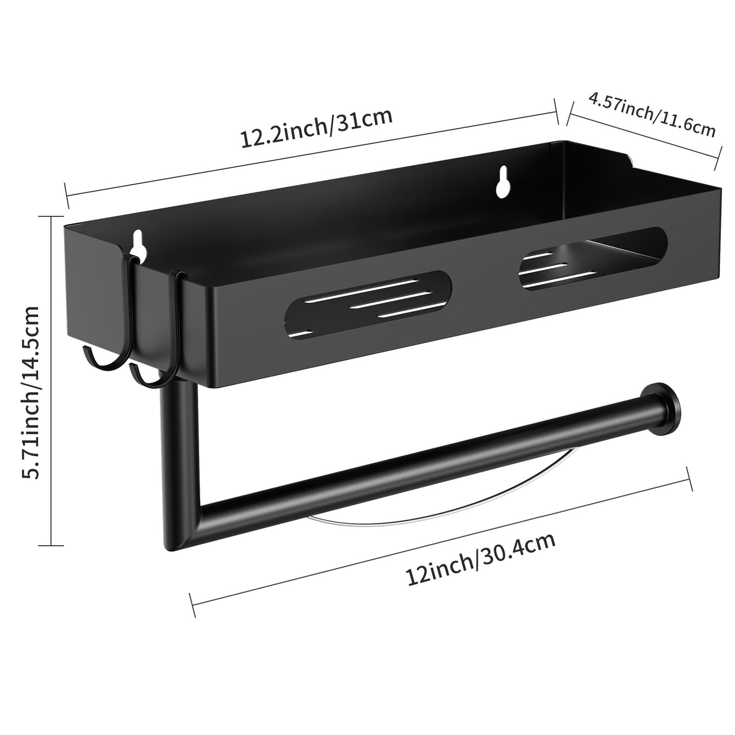 Paper Towel Holder Wall Mount for Kitchen, Paper Towel Holder with Shelf for Bathroom, RV Paper Towel Rack, Spice Rack with 2 Hooks,Matte Black