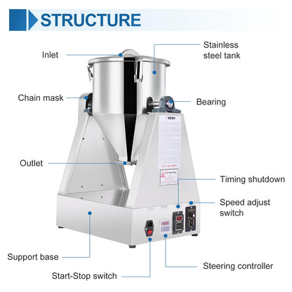 YUCHENGTECH 10L Lab Dry Powder Mixer Mixing Machine Particle Blender Powder Mixer Granual Blender for Food Chemical Medical 0-33 rpm (110V, 10L(2-5kg))