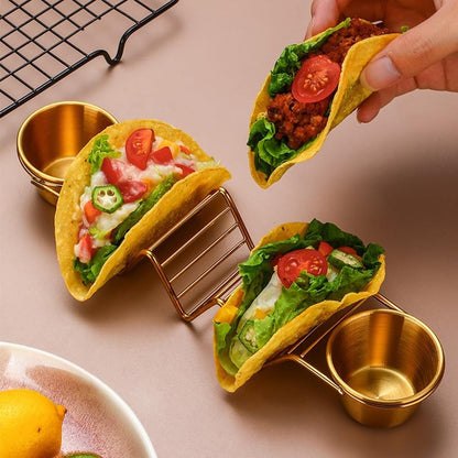 Digead Taco Holder Stand - Holds 3 Tacos with 2 Sauce Cups & Gold Spoon - Premium 304 Stainless Steel Gold-Plated - Heat Resistant & Oven/Dishwasher/Grill Safe