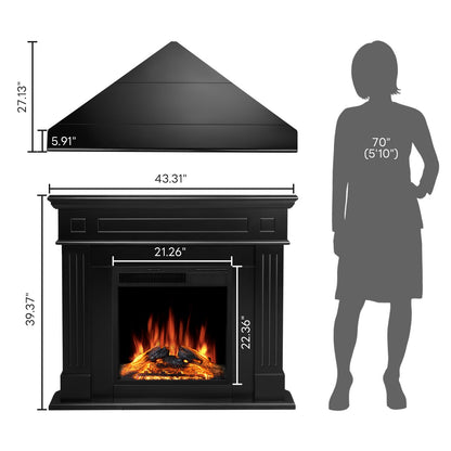 43.31 Inch Corner Fireplace TV Stand with Mantel - Electric Fireplace Heater, Wooden Entertainment Center, Adjustable LED Flame, Freestanding (750W/1500W),Corner Black