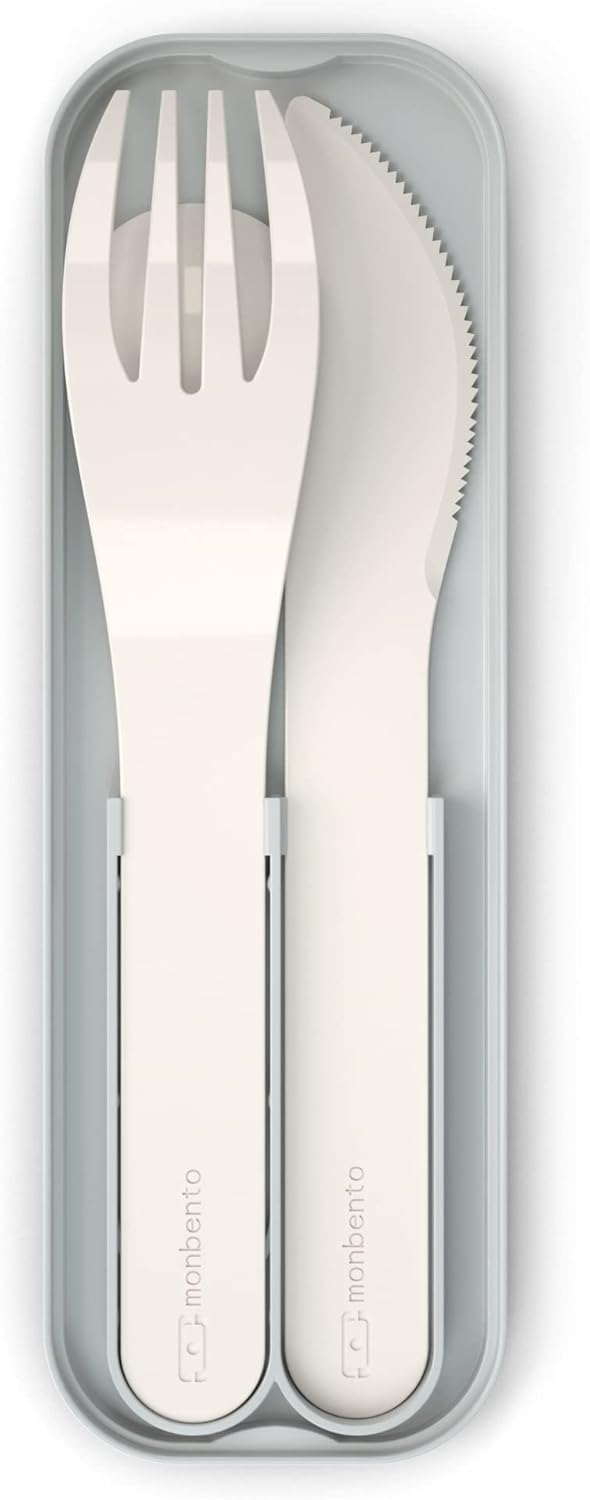 MONBENTO Cutlery Set for Lunch Box MB Pocket Natural, 3 Pieces Fork Knife Spoon, Biodegradable Plastic, Cream
