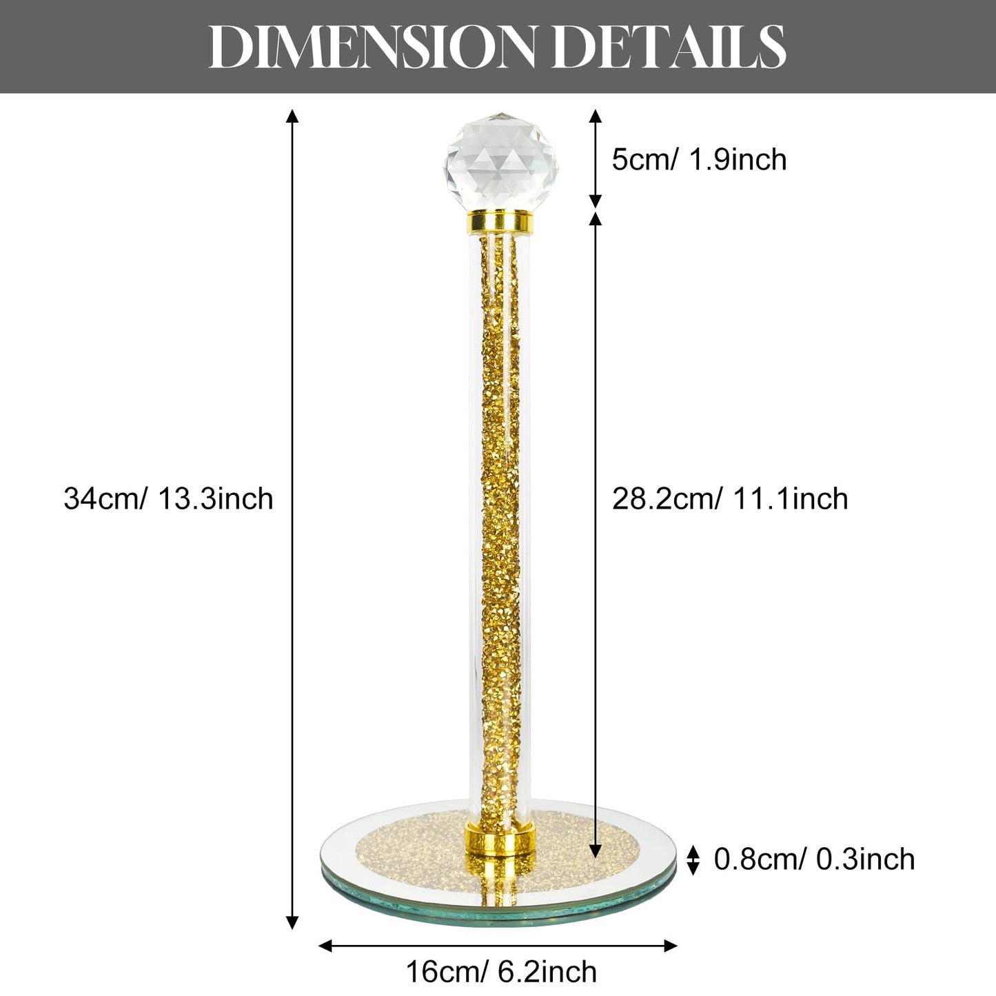 Paper Towel Holder Stand,Gold Countertop Paper Towel Roll Dispenser Holders with Round Base, Tissue Countert Filled with Crystal Sparkly Crushed Diamonds House Decor for Kitchen Bathroom，Heavy Weight