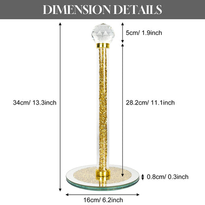 Paper Towel Holder Stand,Gold Countertop Paper Towel Roll Dispenser Holders with Round Base, Tissue Countert Filled with Crystal Sparkly Crushed Diamonds House Decor for Kitchen Bathroom，Heavy Weight