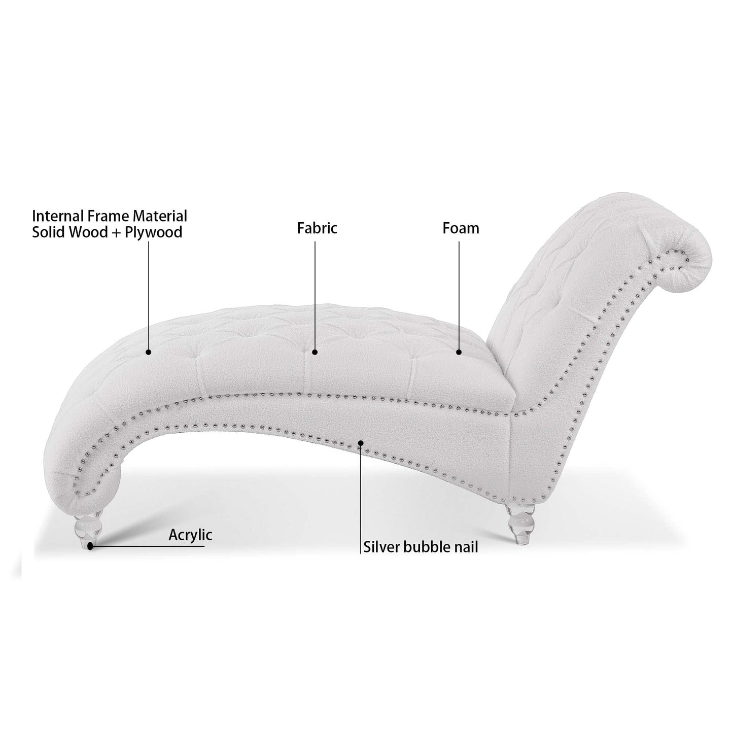 KEIKI Tufted Armless Chaise Lounge Chair, Velvet Lounge Chair with Solid Wood Leg, Upholstered Chaise for Living Room Bedroom Small Space Office Study, White