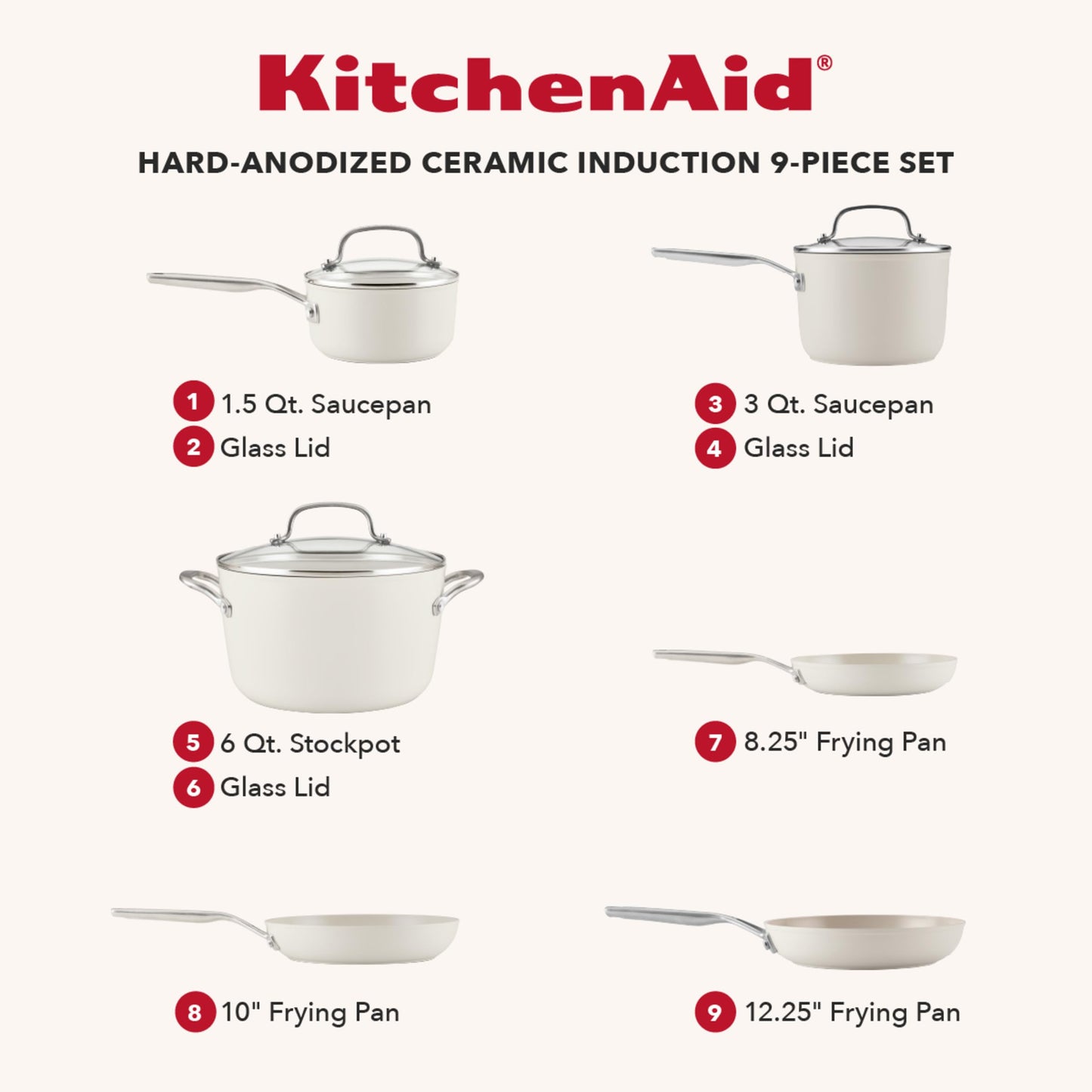 KitchenAid Hard Anodized Ceramic Induction Nonstick Pots and Pans with Saucepans, Frying Pans, Stockpot, and Lids, Dishwasher Safe, 9 Piece Cookware Set with Stainless Steel Handles - Porcelain White