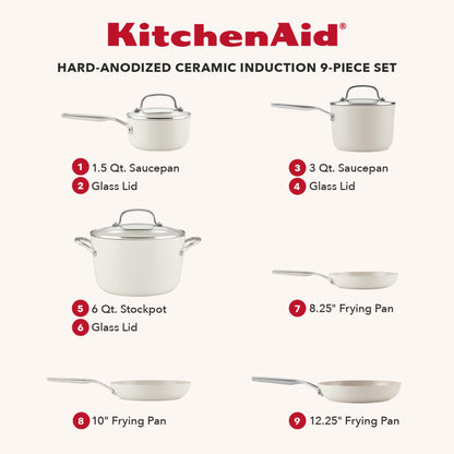 KitchenAid Hard Anodized Ceramic Induction Nonstick Pots and Pans with Saucepans, Frying Pans, Stockpot, and Lids, Dishwasher Safe, 9 Piece Cookware Set with Stainless Steel Handles - Porcelain White
