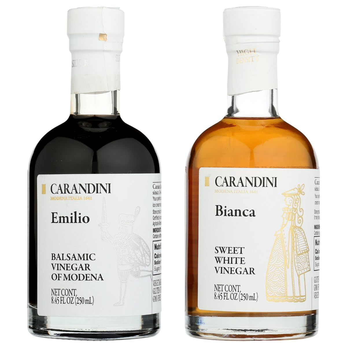 Carandini Emilio Silver Balsamic Vinegar of Modena PGI & Bianca Sweet White Vinegar Combo Set, Premium Italian Vinegars, Perfect for Mother's Day Gift | Made in Italy - 8.45 fl oz (2 Bottles)