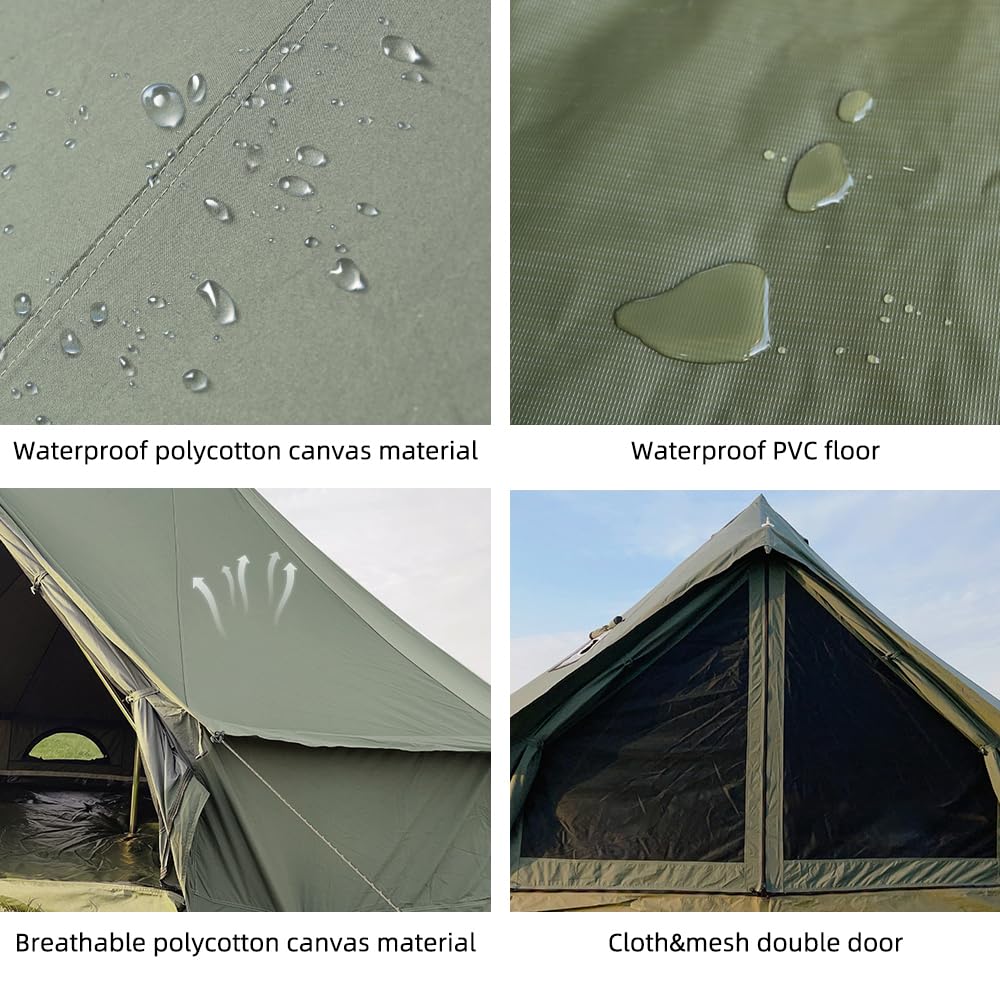 WaldZimmer Canvas Bell Tent 13.1ft Green with Pre-Cut Stove Jack, Spacious 4m Family Yurt Tent for 4-5 Person, 4 Season Water-Repellent Tents with Zipped Removable Floor for Camping and Glamping