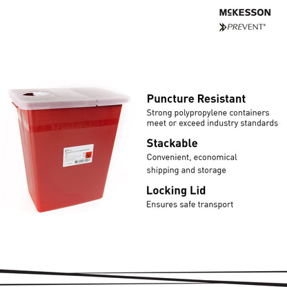 McKesson Prevent Sharps Container, Biohazard, Locking Lid, Red, 8 gal, 13 3/4 in x 13 3/4 in x 14 in
