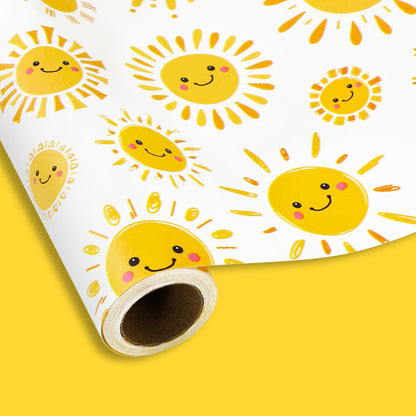 JarThenaAMCS Sun Smile Baby Shower Wrapping Paper -Mini Roll- 17In x 32.8Ft First Trip Around The Sun Gift Wrap Paper Yellow Double Printed Sunshine Craft Paper for Summer Birthday Party Packing
