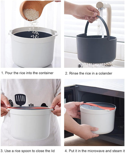 Microwave Rice Cooker 2L | Sturdy Food Grade PP Material Microwave Cookware Set with Lid and Spoon for Rice Pasta