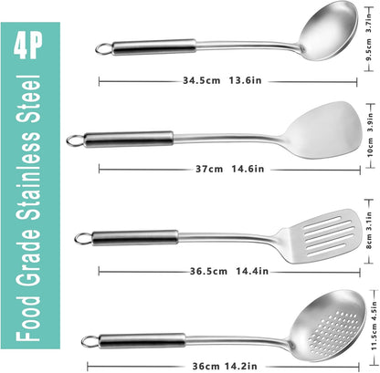 Pleafind 4-Pcs Cooking Utensils Set, Stainless Steel Kitchen Utensils for Wok, Dishwasher Safe