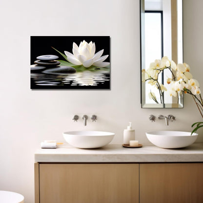 LZIMU Zen Canvas Wall Art White Lotus and Black Zen Stones Bloom in Water Picture Prints for Yoga Spa Meditation Spiritual Room Bathroom Decor (Zen-1, 12"x18")