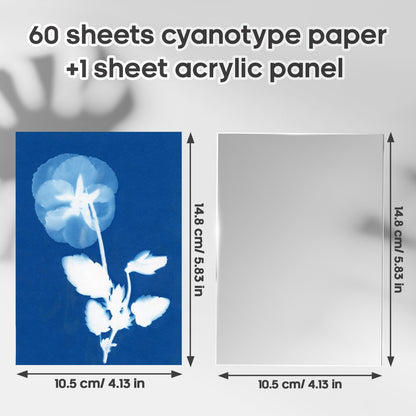 60 Sheets Sun Print Paper Cyanotype Paper Kit, A6 Sun Art Paper With 1 Acrylic Board for Sun Printing, Light Sensitive Solar Photography Paper for Kids DIY Crafts (4.1 x 5.8 inch)