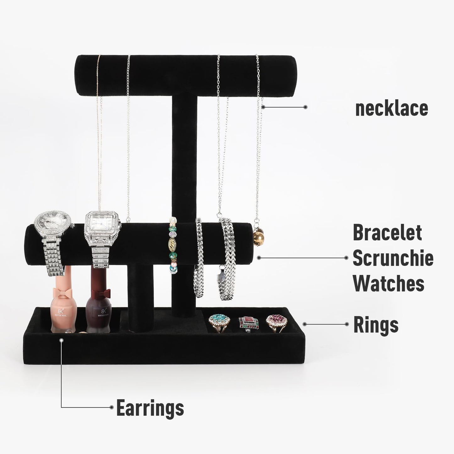 ByKen Necklace Holder,Bracelet Holder,Jewelry Organizer Stand with Earrings Rings Tray,Jewelry Holder for Scrunchie Watches (Black Velvet)