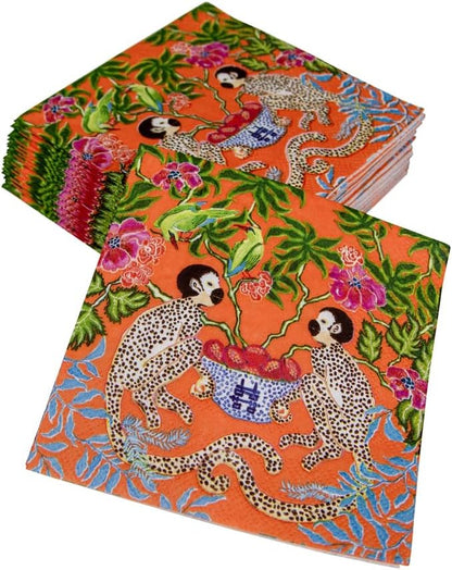 Caspari Monkeys Paper Cocktail Napkins - Two Packs of 20 in Orange