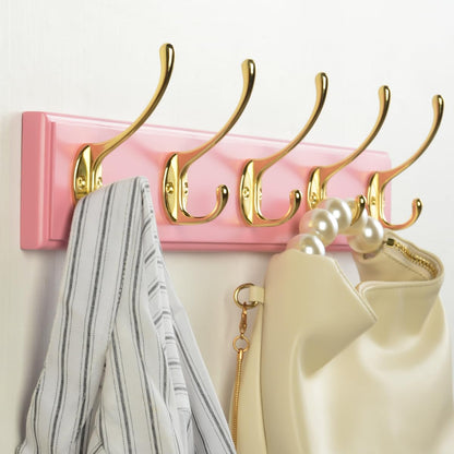 JYL HOME Wall Mount Bamboo Coat Rack, 17 Inch 5 Double Hooks, Pink and Gold
