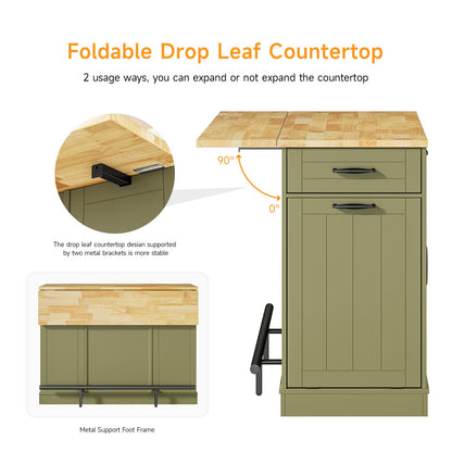 ONBRILL Stationary Kitchen Islands Include 2 Chairs, 47" Kitchen Island with Drop Leaf, Home Bar Table with Spice Rack & with Trash Cabinet, Island Table for Dining Room with Power Outlet, Green