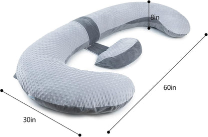 Queen Rose Pregnancy Pillow - E-Shaped Maternity Support with Detachable Wedge | 60-Inch Dual-Sided Velvet Cover in Grey