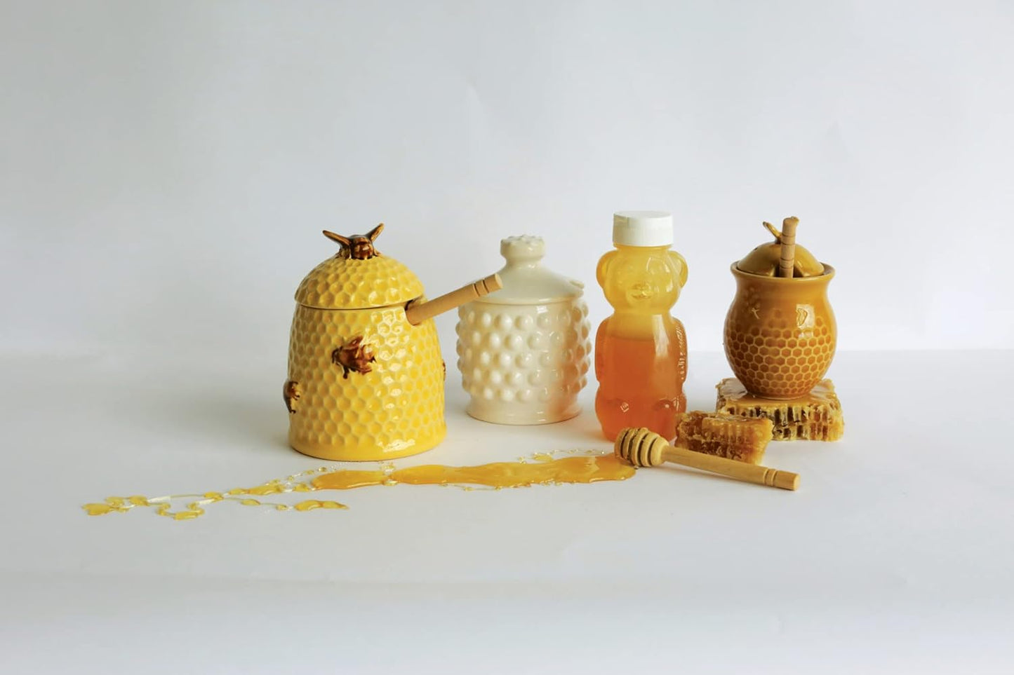 Creative Co-Op White Ceramic Honey Jar with Lid & Wood Dipper, Hobnail Style