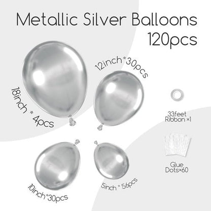 Awenztech Metallic Silver Balloon Arch Kit - 120pcs Chrome Latex Balloons for Weddings, Baby Showers & Parties