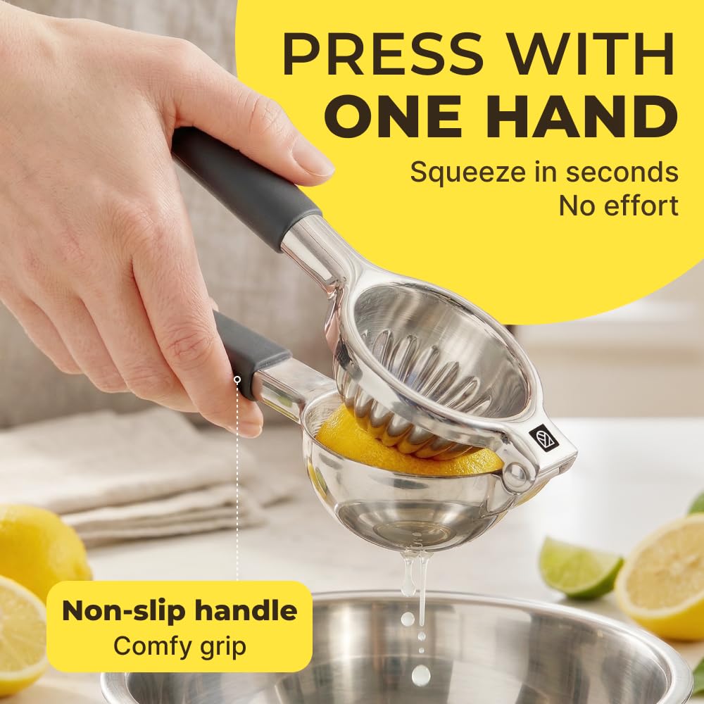 Large Lemon Squeezer Stainless Steel Press - Non-Slip Grip, Heavy Duty, Manual Design - Effortless Pro-Grade Lemon, Lime, Orange, and Citrus Fruit Hand Held Lemon Juicer Squeezer - No Seeds, Max Juice