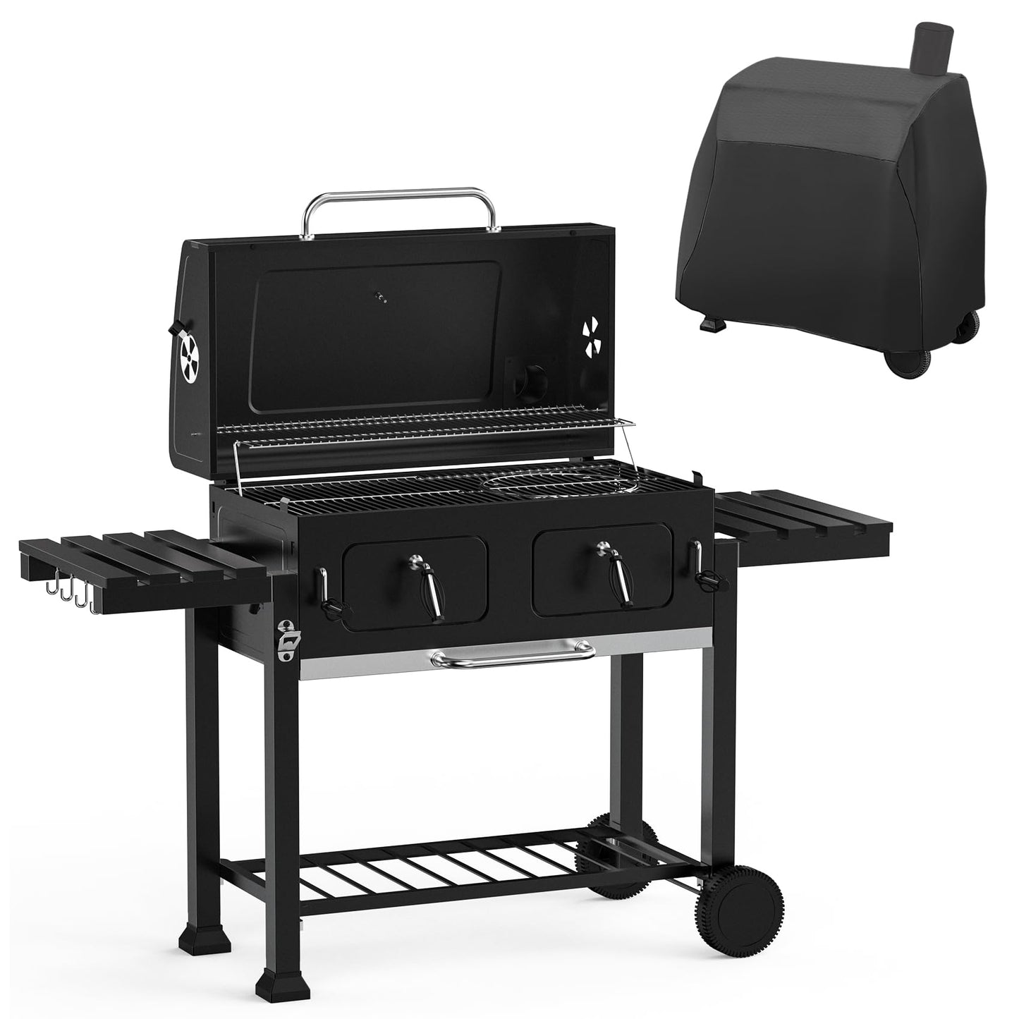 ONLYFIRE GRILLS Large BBQ Charcoal Grill with Cart & 2 Liftable Charcoal Trays, 794 SQ.IN Cooking Area, Heavy Duty Outdoor Barbecue Grill with Foldable Side Tables, Wheels & Cover, GS339